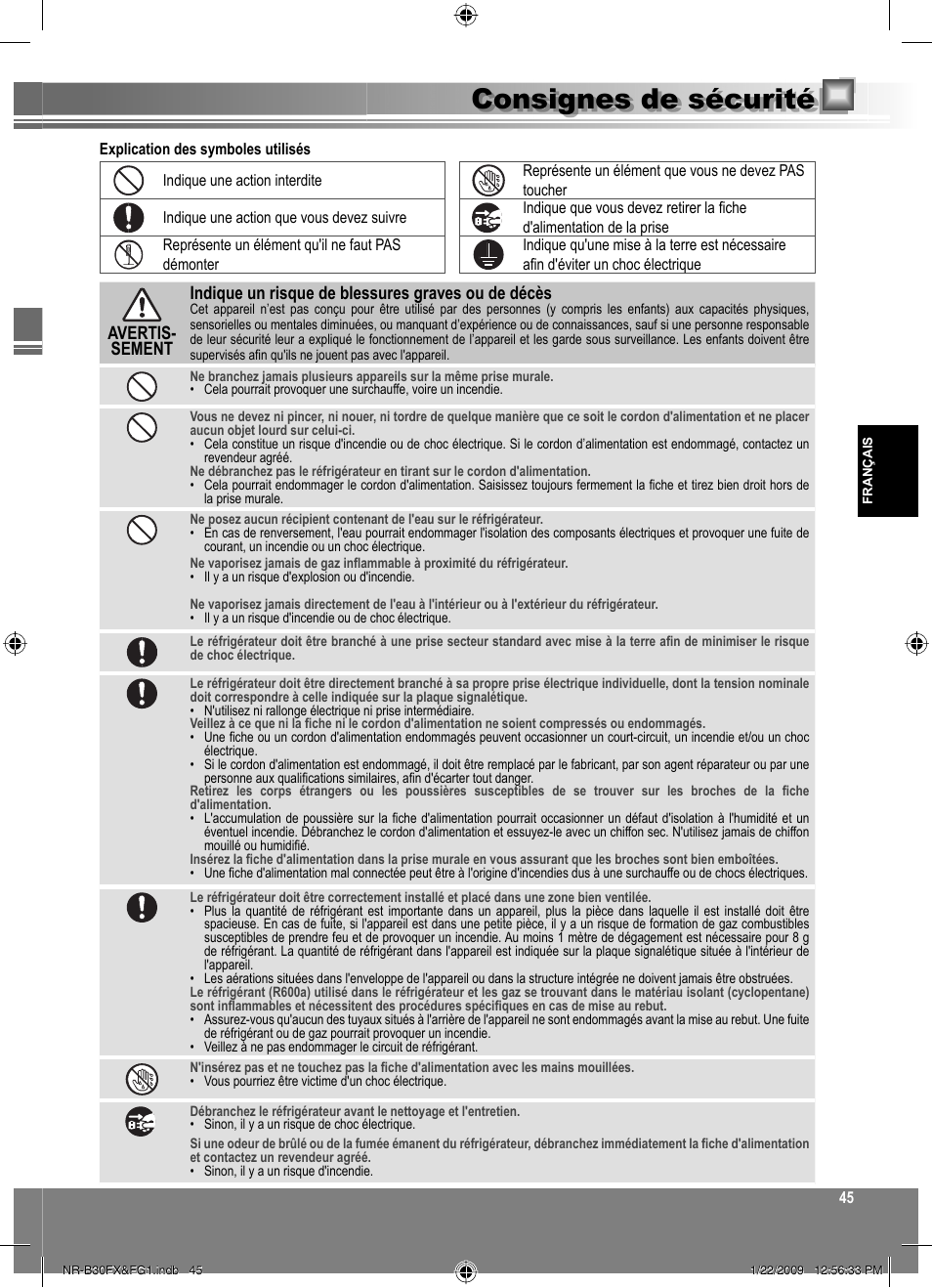 Consignes de sécurité | Panasonic NRB30FG1 User Manual | Page 45 / 156