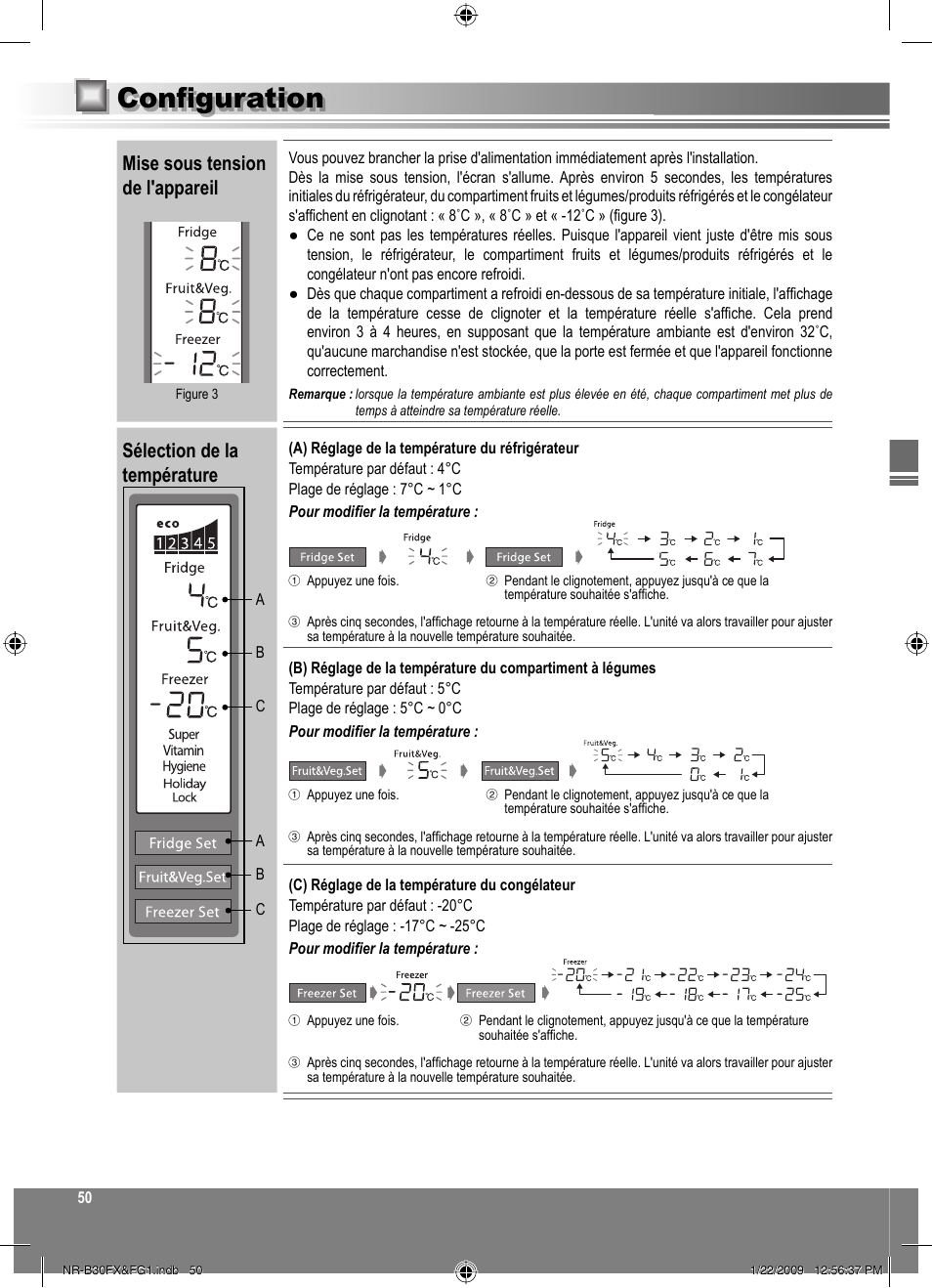 Configuration, Mise sous tension de l'appareil, Sélection de la température | Panasonic NRB30FG1 User Manual | Page 50 / 156