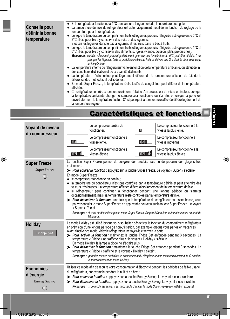 Caractéristiques et fonctions, Voyant de niveau du compresseur, Super freeze | Holiday, Économies d’énergie, Conseils pour définir la bonne température | Panasonic NRB30FG1 User Manual | Page 51 / 156