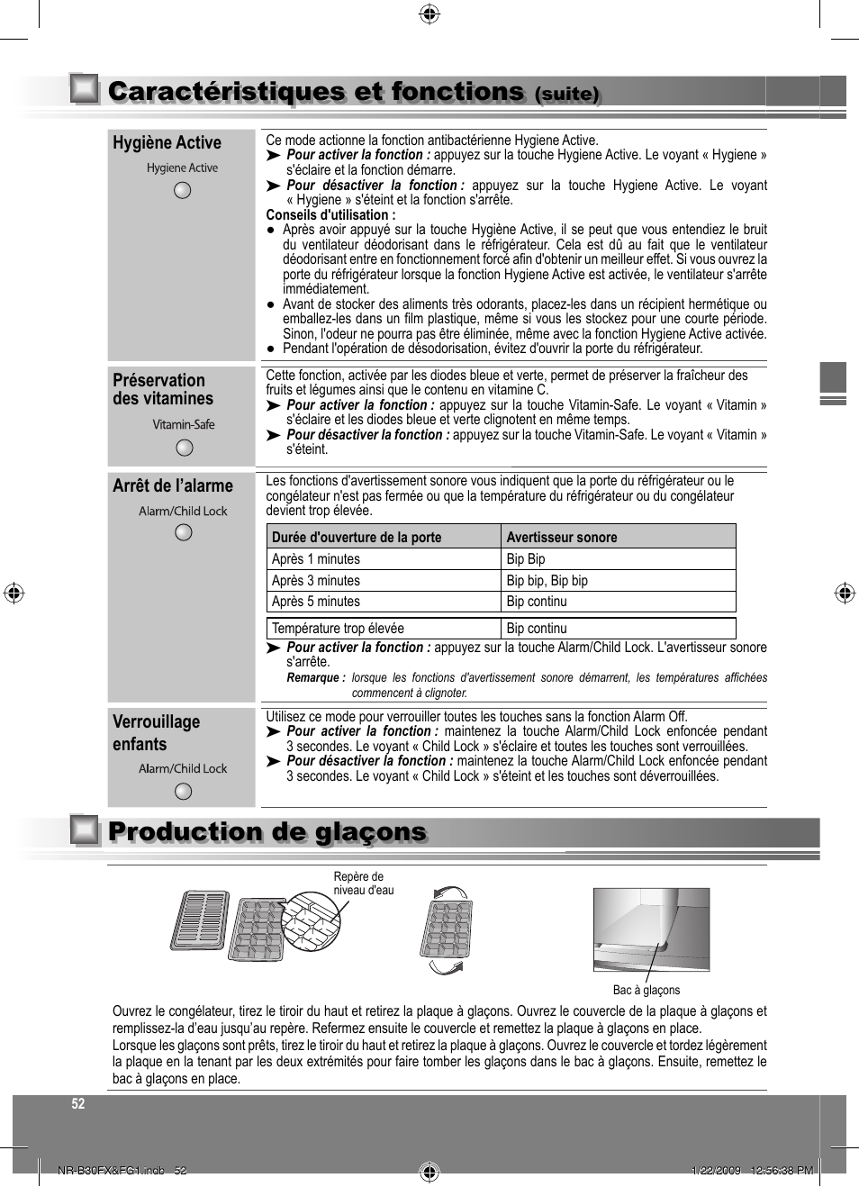 Production de glaçons, Caractéristiques et fonctions, Hygiène active | Préservation des vitamines, Arrêt de l’alarme, Verrouillage enfants, Suite) | Panasonic NRB30FG1 User Manual | Page 52 / 156