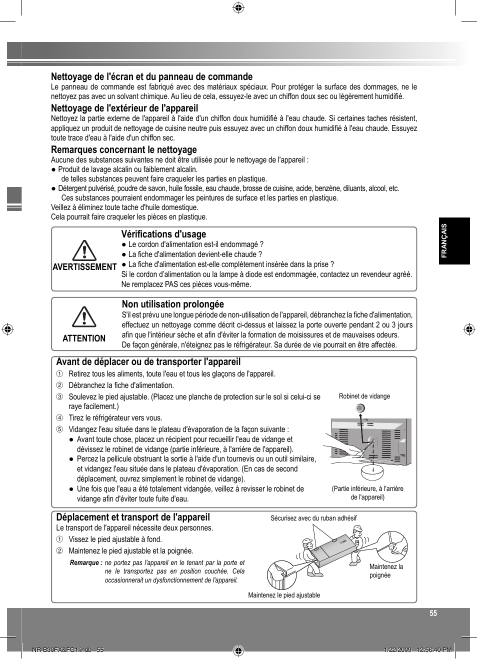 Vérifications d'usage, Non utilisation prolongée, Avant de déplacer ou de transporter l'appareil | Déplacement et transport de l'appareil, Nettoyage de l'écran et du panneau de commande, Nettoyage de l'extérieur de l'appareil, Remarques concernant le nettoyage | Panasonic NRB30FG1 User Manual | Page 55 / 156