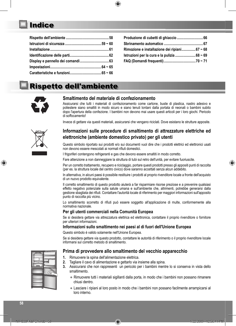 Indice, Rispetto dell'ambiente, Smaltimento del materiale di confezionamento | Panasonic NRB30FG1 User Manual | Page 58 / 156