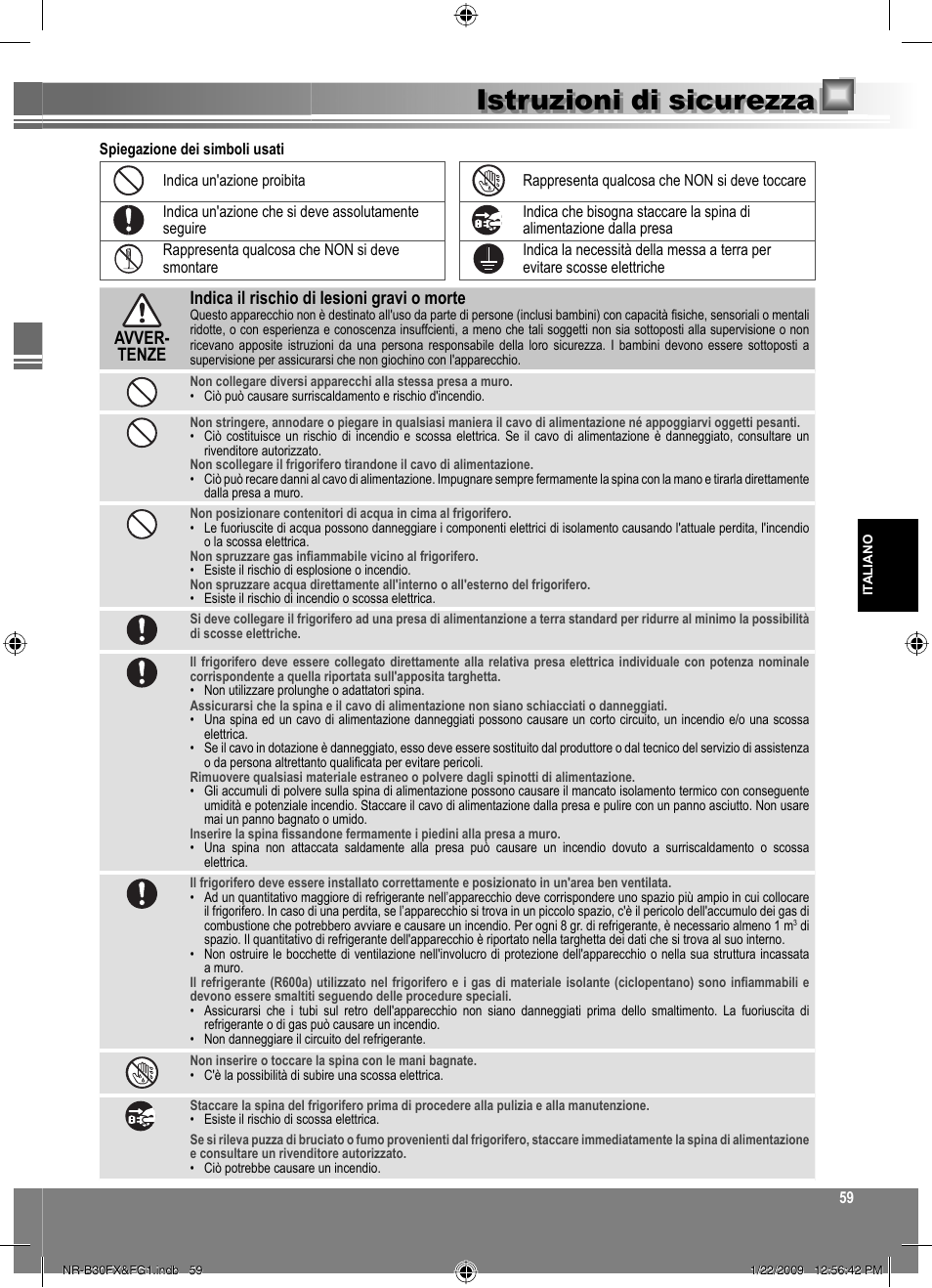 Istruzioni di sicurezza | Panasonic NRB30FG1 User Manual | Page 59 / 156