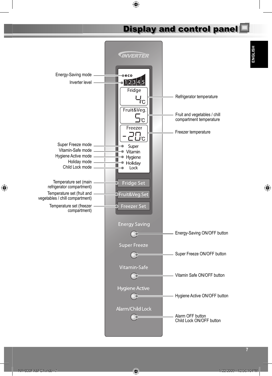 Display and control panel | Panasonic NRB30FG1 User Manual | Page 7 / 156