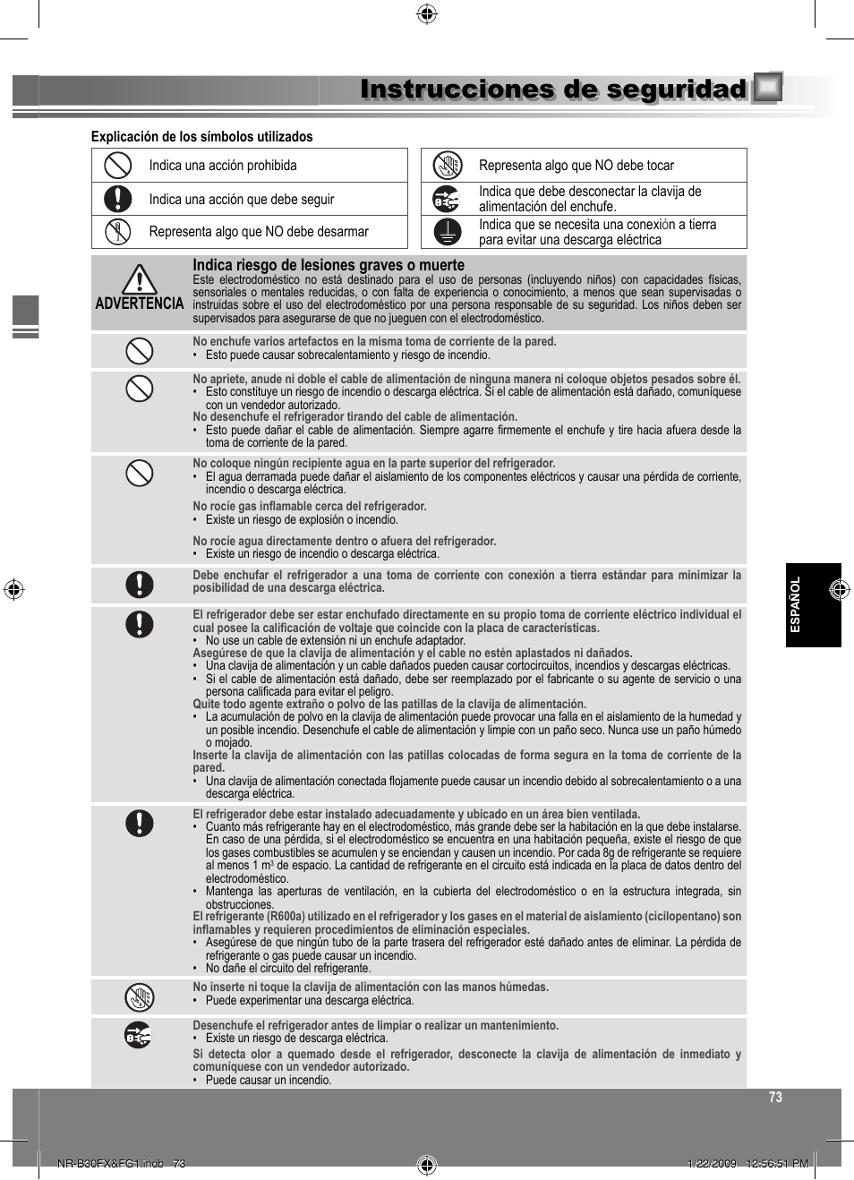 Instrucciones de seguridad | Panasonic NRB30FG1 User Manual | Page 73 / 156