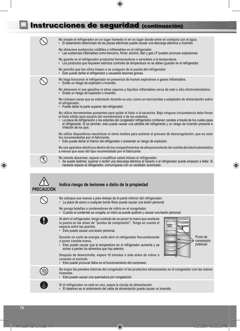 Instrucciones de seguridad, Continuación) | Panasonic NRB30FG1 User Manual | Page 74 / 156
