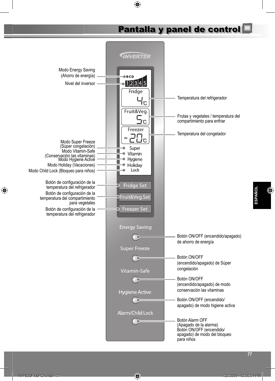 Pantalla y panel de control | Panasonic NRB30FG1 User Manual | Page 77 / 156