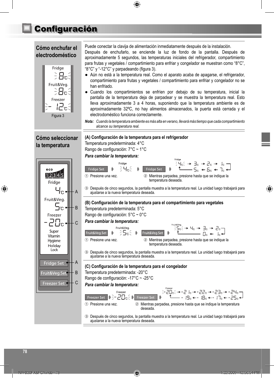 Configuración, Cómo enchufar el electrodoméstico, Cómo seleccionar la temperatura | Panasonic NRB30FG1 User Manual | Page 78 / 156