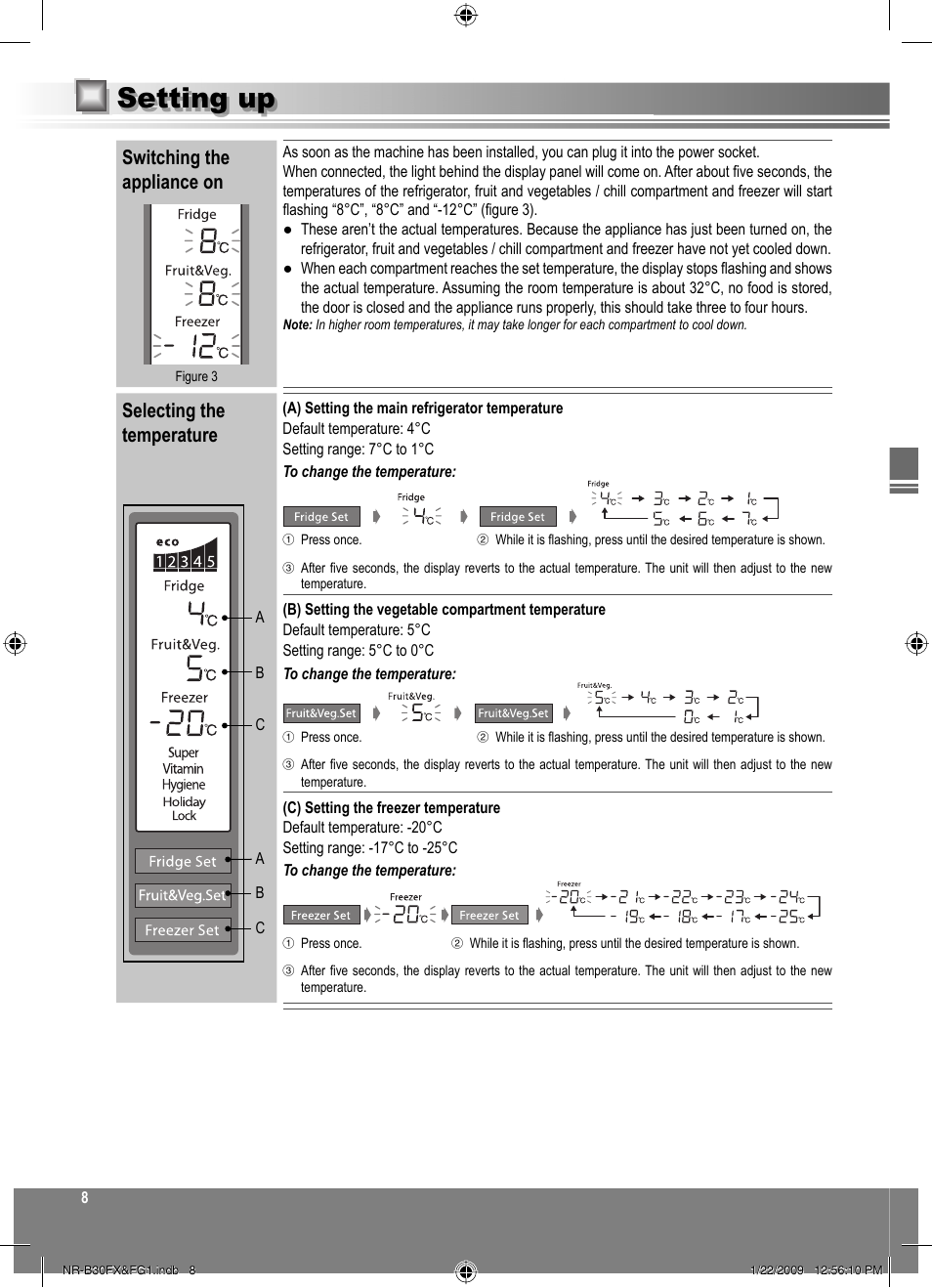 Setting up, Switching the appliance on, Selecting the temperature | Panasonic NRB30FG1 User Manual | Page 8 / 156