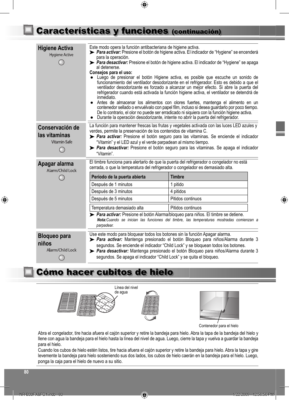 Cómo hacer cubitos de hielo, Características y funciones, Higiene activa | Conservación de las vitaminas, Apagar alarma, Bloqueo para niños, Continuación) | Panasonic NRB30FG1 User Manual | Page 80 / 156