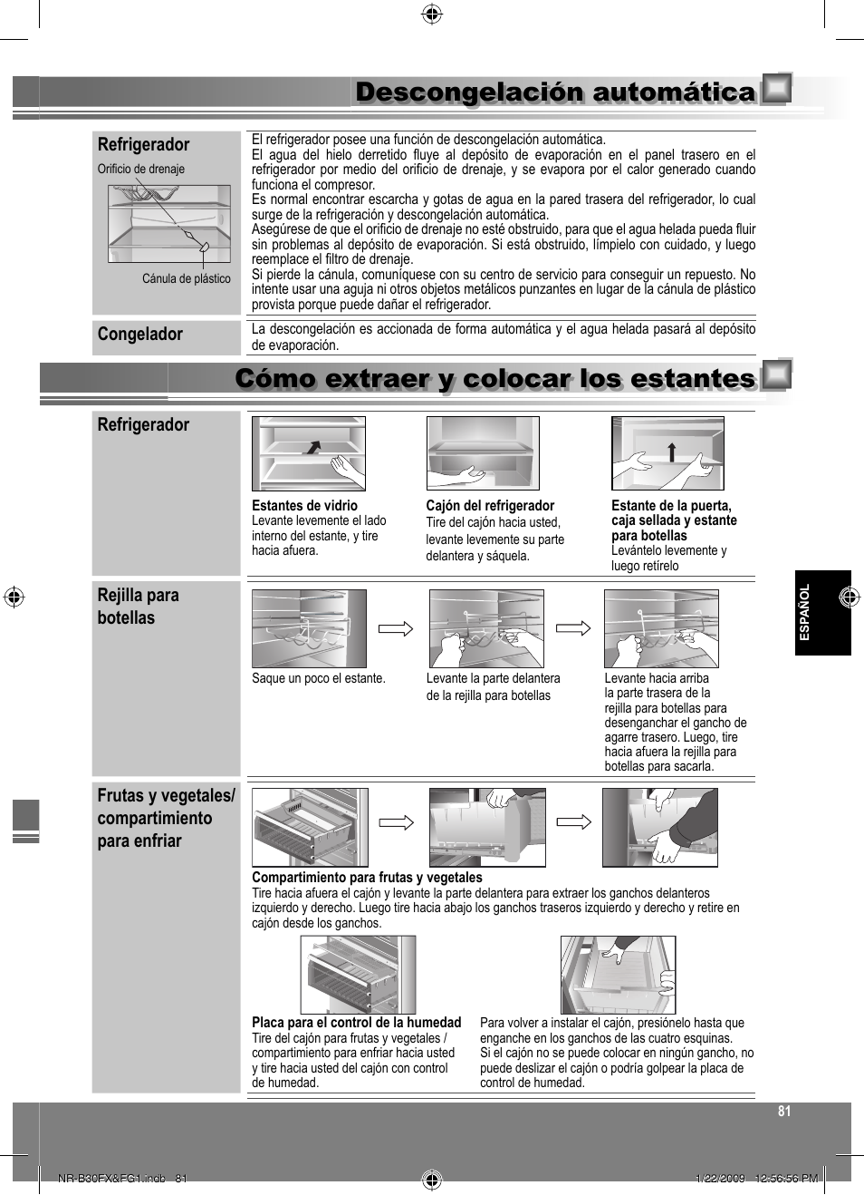 Refrigerador, Congelador, Rejilla para botellas | Frutas y vegetales/ compartimiento para enfriar | Panasonic NRB30FG1 User Manual | Page 81 / 156