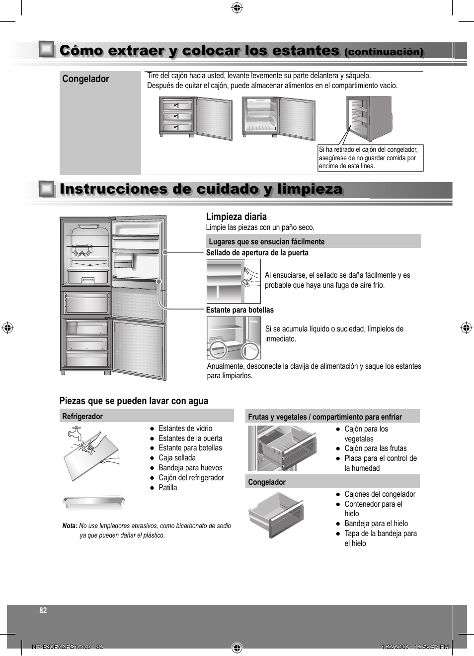 Instrucciones de cuidado y limpieza, Cómo extraer y colocar los estantes, Limpieza diaria | Piezas que se pueden lavar con agua, Congelador, Continuación) | Panasonic NRB30FG1 User Manual | Page 82 / 156