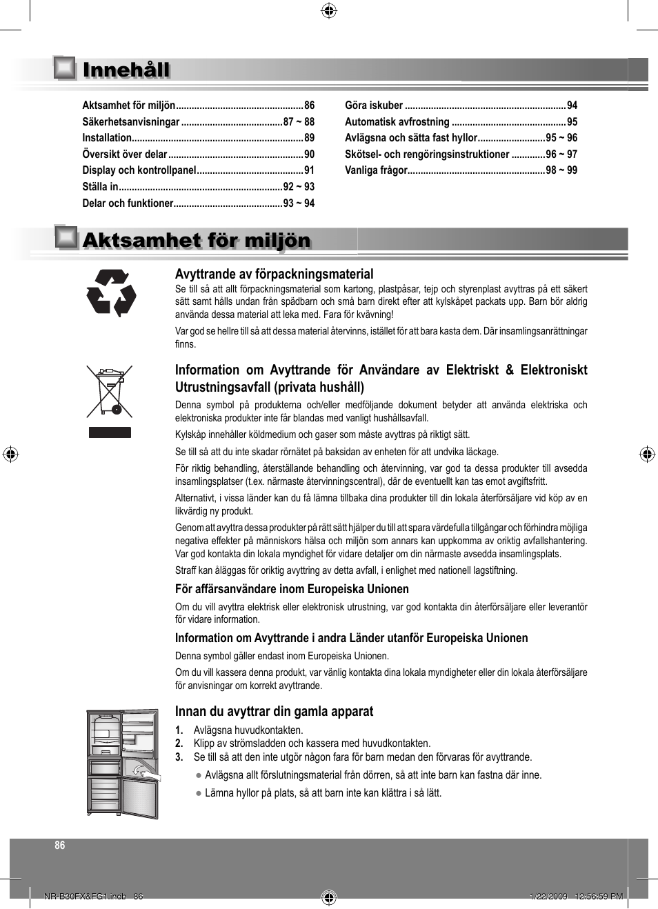 Innehåll, Aktsamhet för miljön | Panasonic NRB30FG1 User Manual | Page 86 / 156