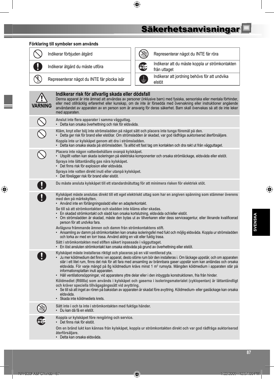 Säkerhetsanvisningar | Panasonic NRB30FG1 User Manual | Page 87 / 156