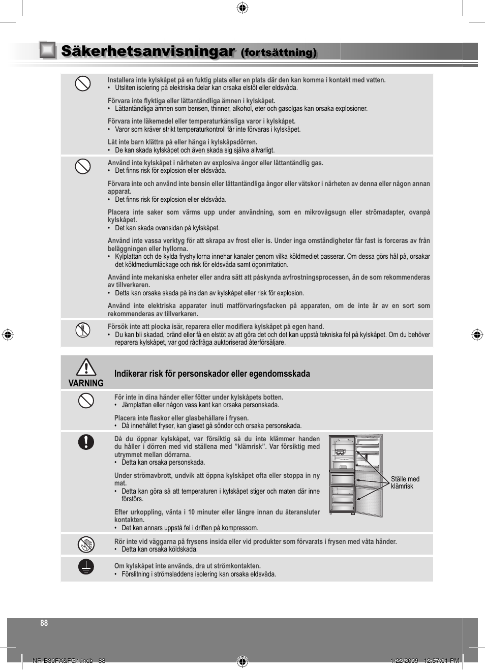 Säkerhetsanvisningar, Fortsättning) | Panasonic NRB30FG1 User Manual | Page 88 / 156