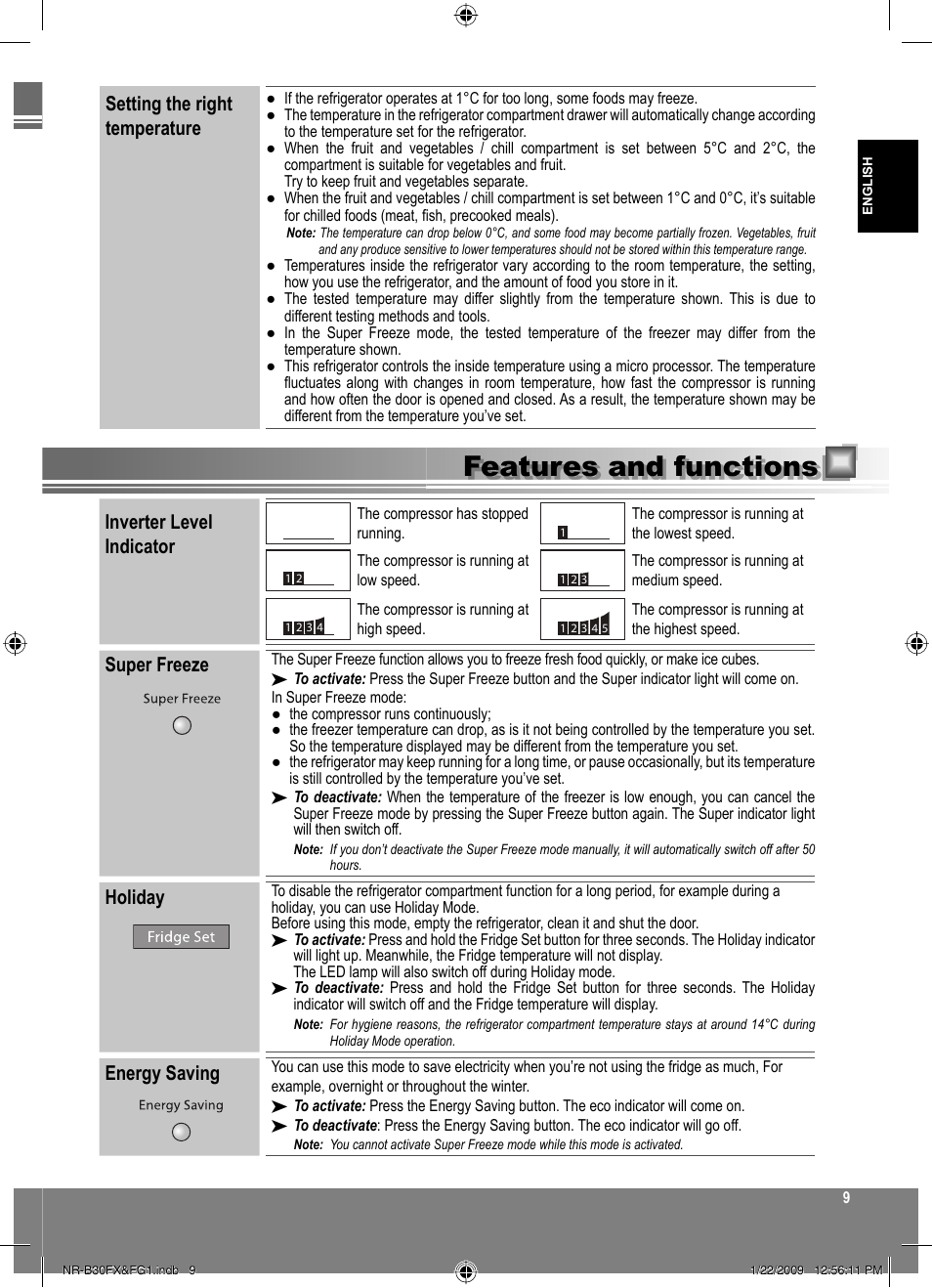 Features and functions, Inverter level indicator, Super freeze | Holiday, Energy saving, Setting the right temperature | Panasonic NRB30FG1 User Manual | Page 9 / 156