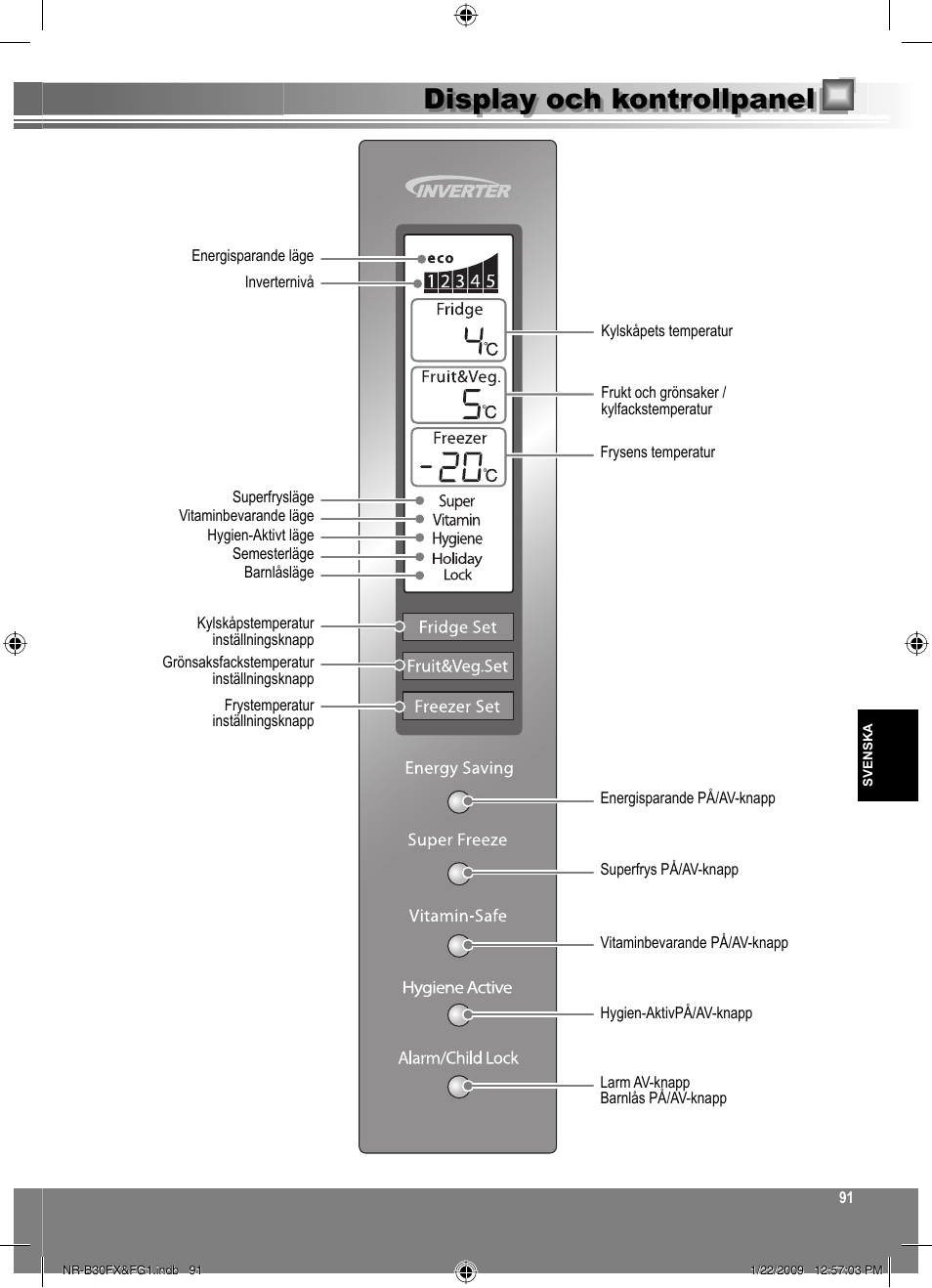 Display och kontrollpanel | Panasonic NRB30FG1 User Manual | Page 91 / 156