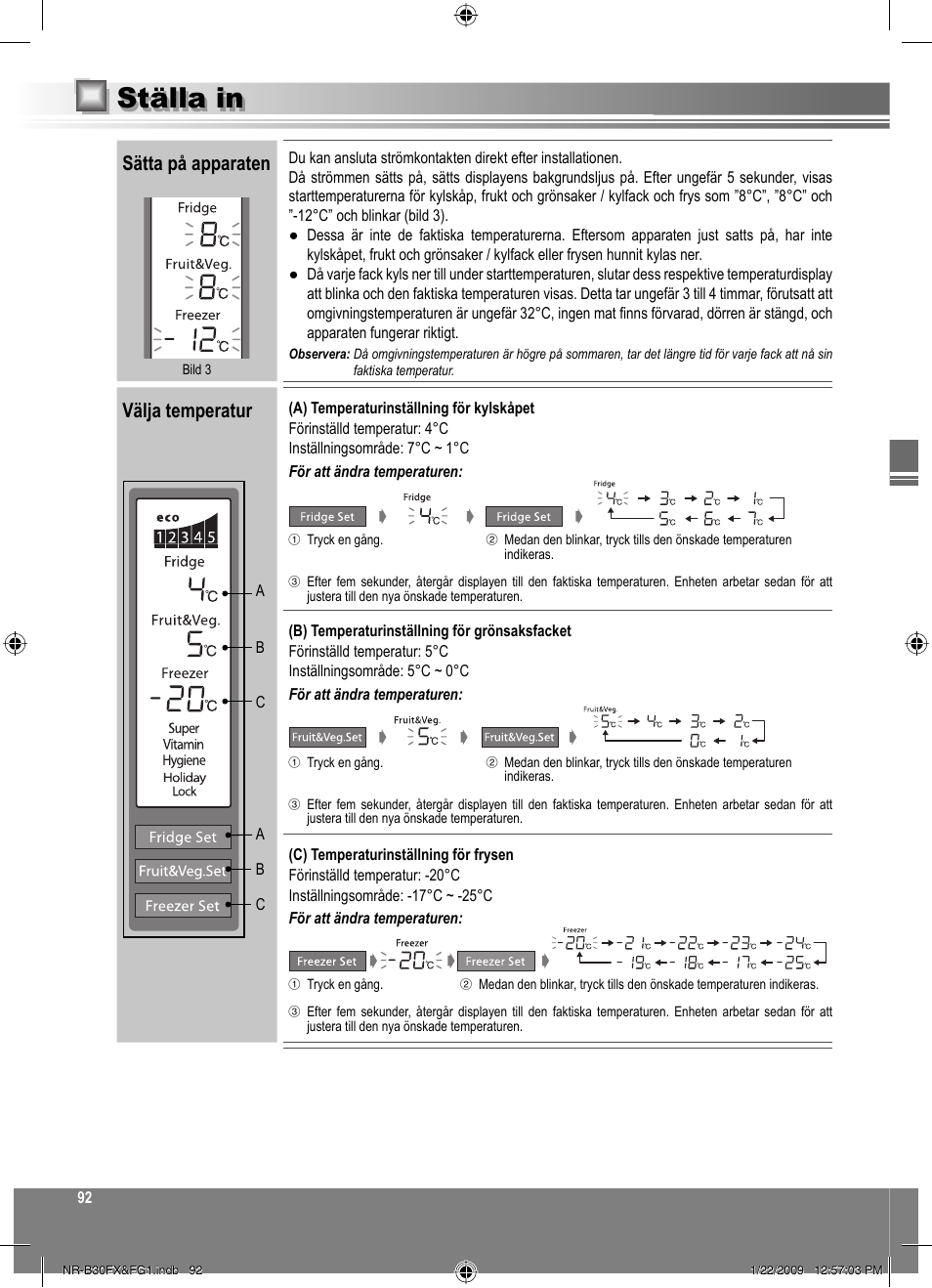 Ställa in, Sätta på apparaten, Välja temperatur | Panasonic NRB30FG1 User Manual | Page 92 / 156