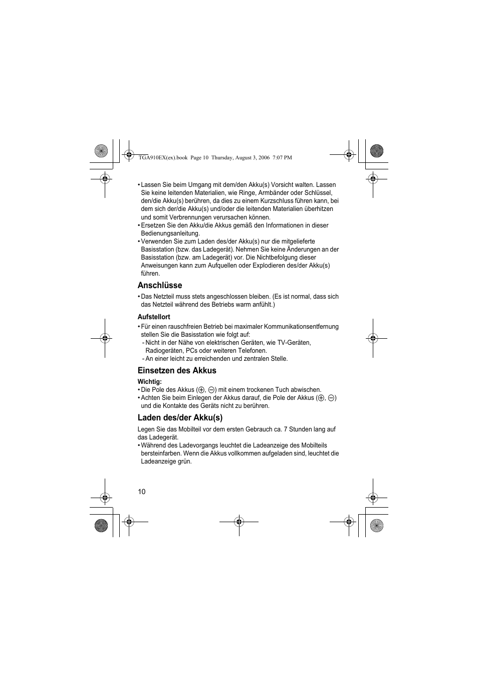 Anschlüsse, Aufstellort, Einsetzen des akkus | Laden des/der akku(s) | Panasonic KXTGA910EX User Manual | Page 10 / 36