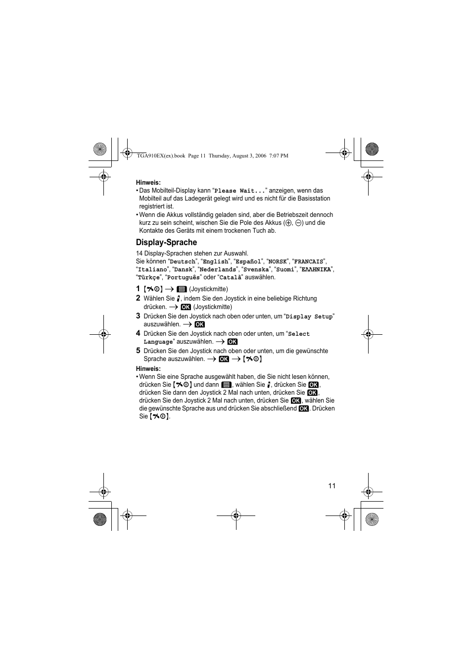 Hinweis, Display-sprache, 1 {ih} i j (joystickmitte) | Panasonic KXTGA910EX User Manual | Page 11 / 36