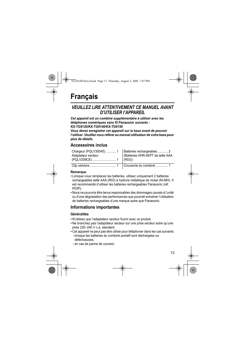 Français, Accessoires inclus, Remarque | Informations importantes, Généralités | Panasonic KXTGA910EX User Manual | Page 13 / 36