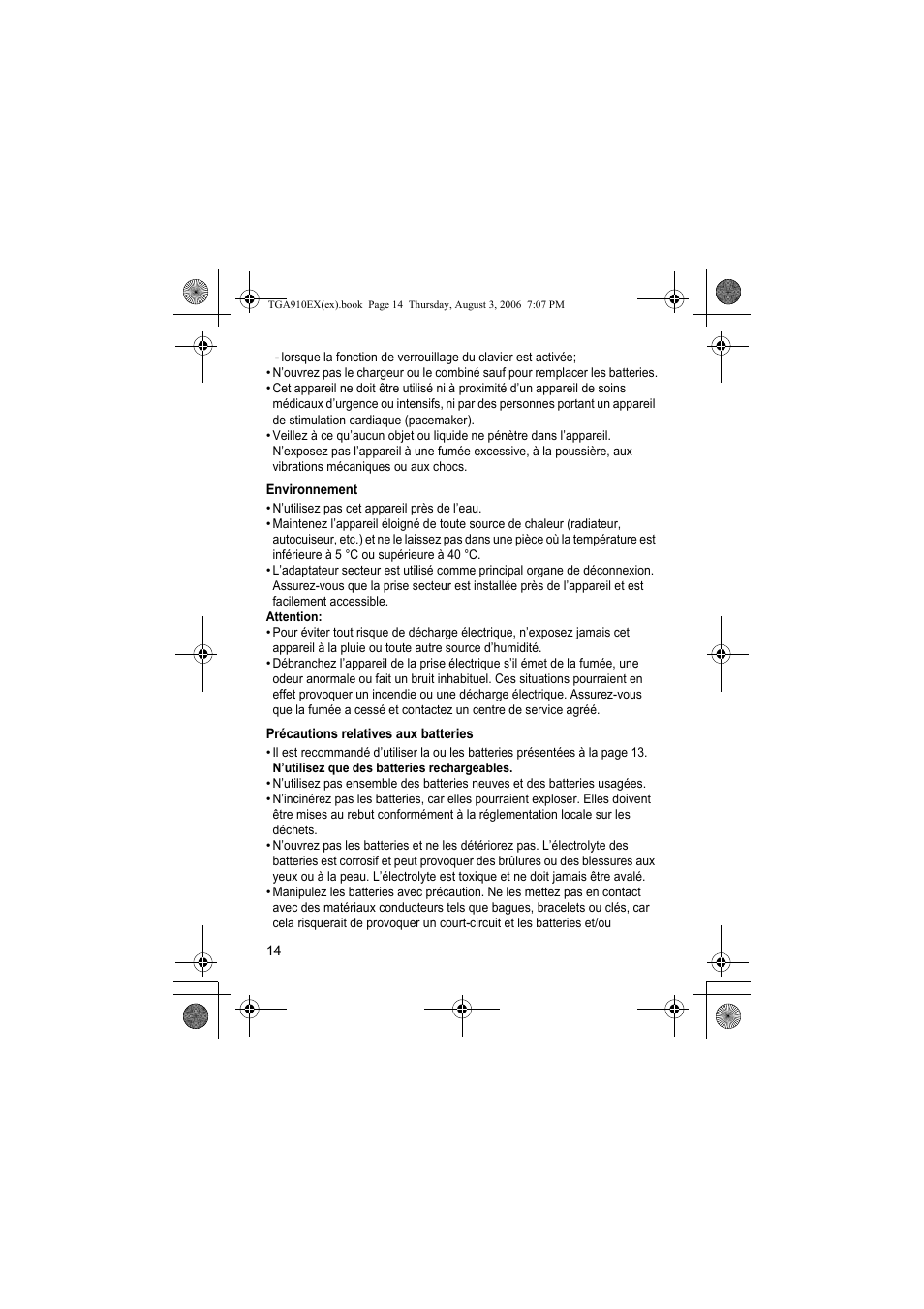 Environnement, Précautions relatives aux batteries | Panasonic KXTGA910EX User Manual | Page 14 / 36
