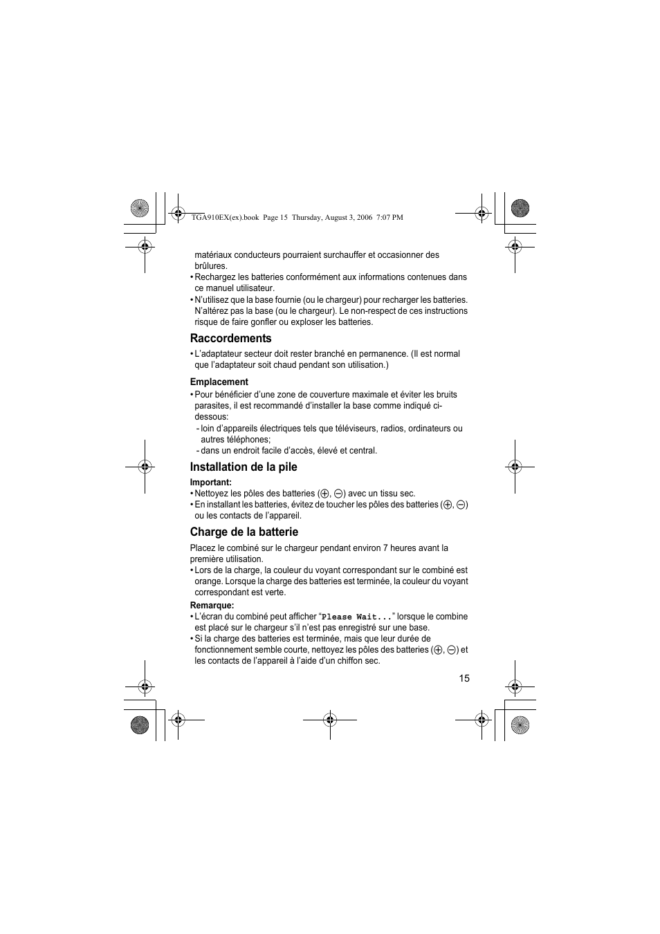 Raccordements, Emplacement, Installation de la pile | Charge de la batterie, Remarque | Panasonic KXTGA910EX User Manual | Page 15 / 36