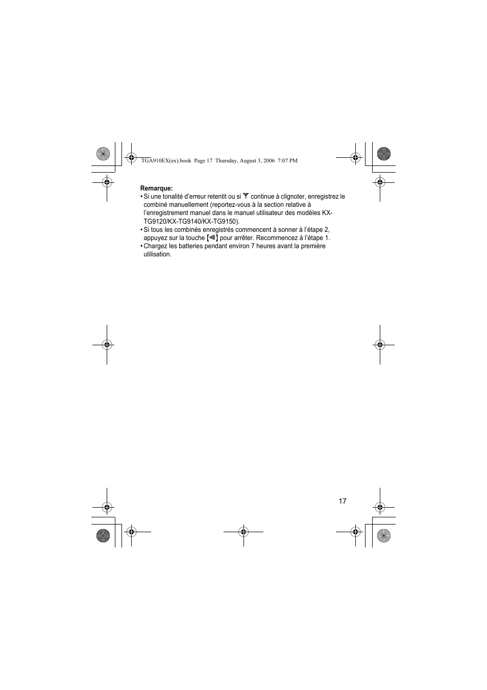 Remarque | Panasonic KXTGA910EX User Manual | Page 17 / 36