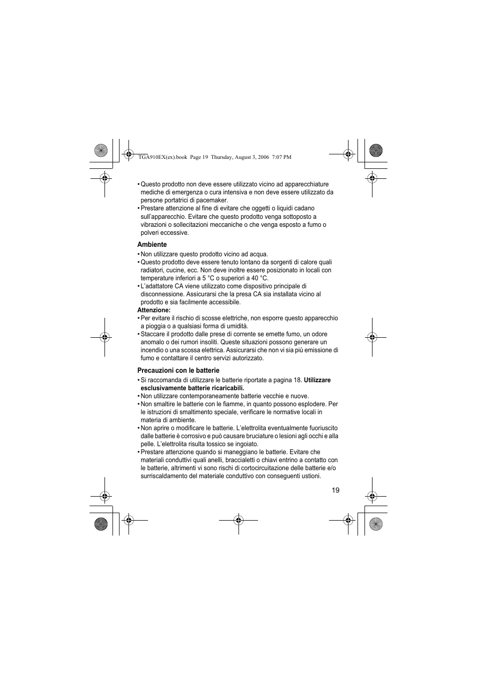 Ambiente, Precauzioni con le batterie | Panasonic KXTGA910EX User Manual | Page 19 / 36