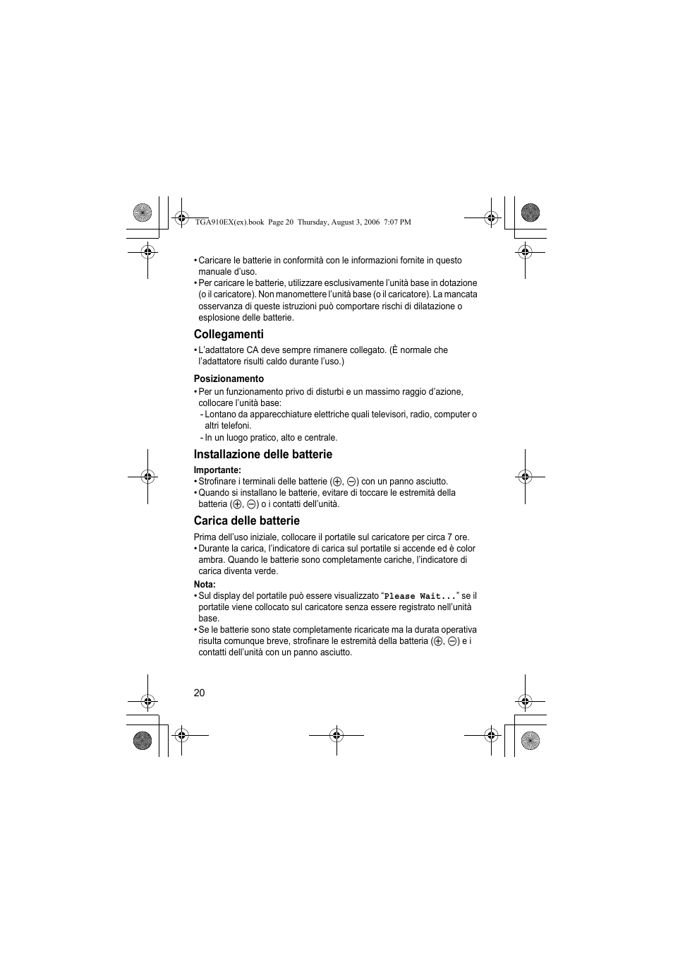 Collegamenti, Posizionamento, Installazione delle batterie | Carica delle batterie, Nota | Panasonic KXTGA910EX User Manual | Page 20 / 36