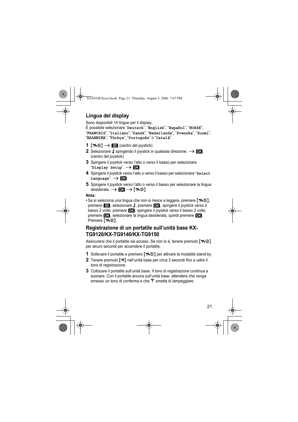 Lingua del display, 1 {ih} i j (centro del joystick), Nota | Panasonic KXTGA910EX User Manual | Page 21 / 36