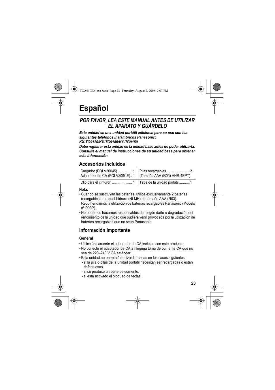 Español, Accesorios incluidos, Nota | Información importante, General | Panasonic KXTGA910EX User Manual | Page 23 / 36