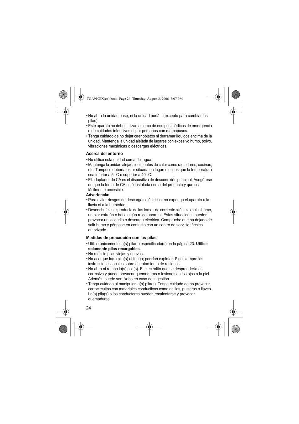 Acerca del entorno, Medidas de precaución con las pilas | Panasonic KXTGA910EX User Manual | Page 24 / 36