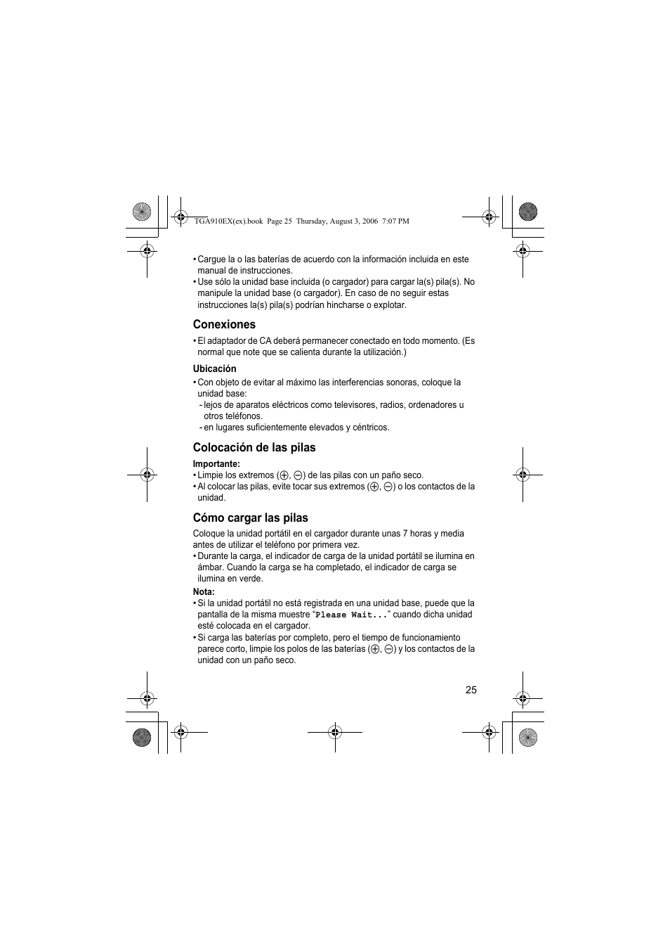 Conexiones, Ubicación, Colocación de las pilas | Cómo cargar las pilas, Nota | Panasonic KXTGA910EX User Manual | Page 25 / 36