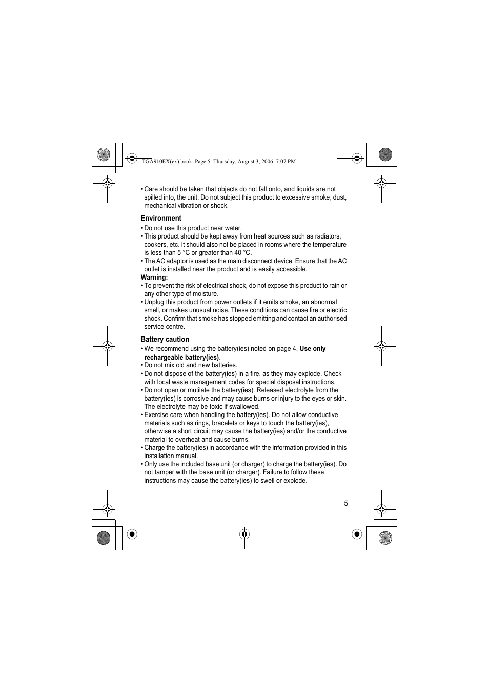 Environment, Battery caution | Panasonic KXTGA910EX User Manual | Page 5 / 36