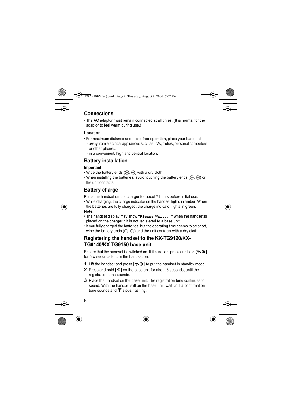 Connections, Location, Battery installation | Battery charge | Panasonic KXTGA910EX User Manual | Page 6 / 36