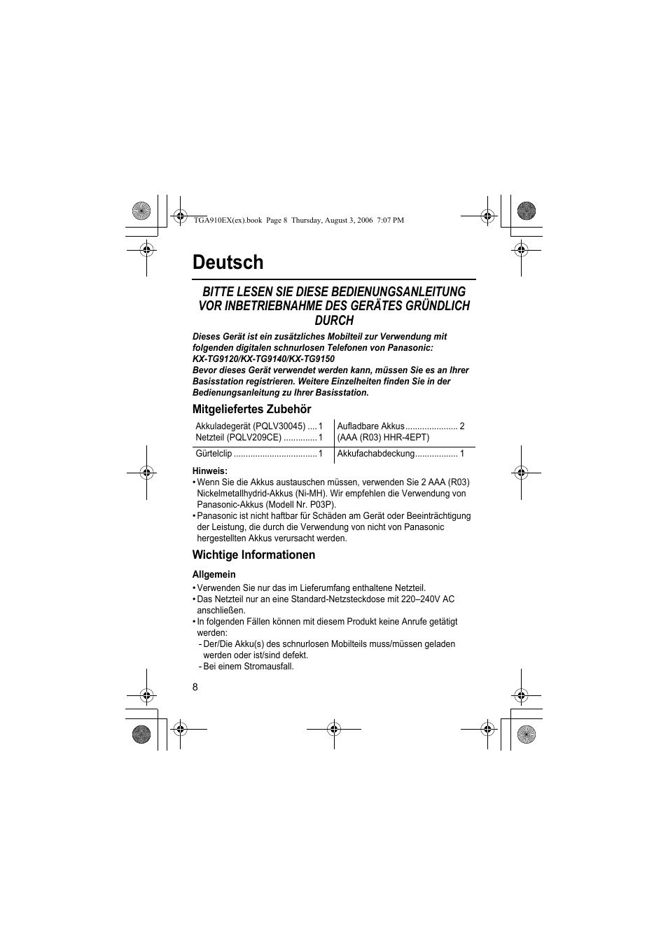 Deutsch, Mitgeliefertes zubehör, Hinweis | Wichtige informationen, Allgemein | Panasonic KXTGA910EX User Manual | Page 8 / 36