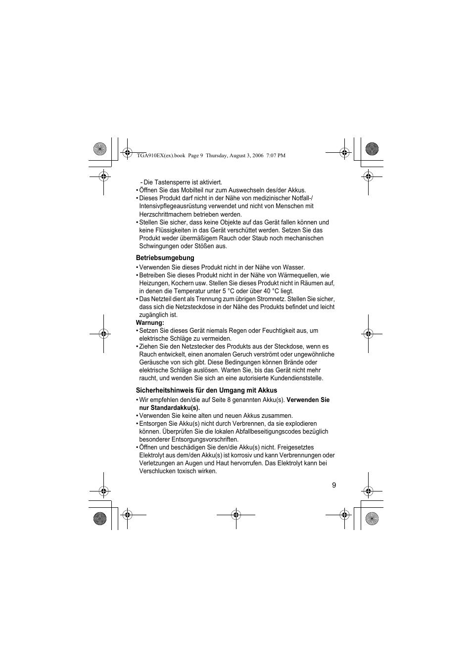 Betriebsumgebung, Sicherheitshinweis für den umgang mit akkus | Panasonic KXTGA910EX User Manual | Page 9 / 36