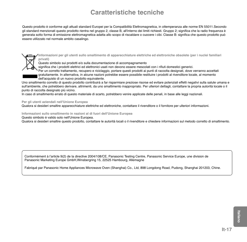 Caratteristiche tecniche, It-17 | Panasonic NNGD559WSPG User Manual | Page 135 / 137