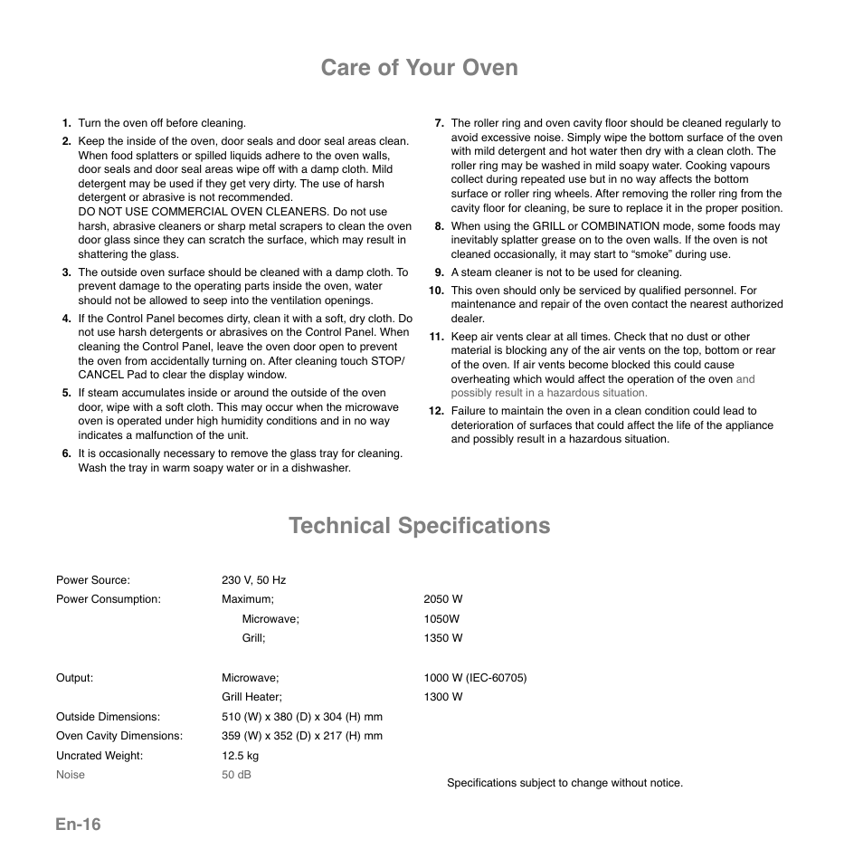 Care of your oven technical specifications, En-16 | Panasonic NNGD559WSPG User Manual | Page 17 / 137