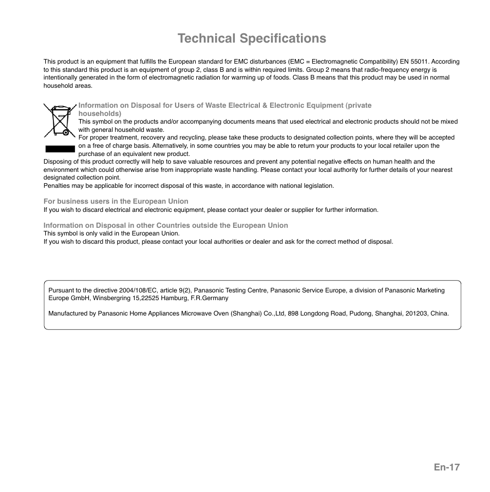Technical specifications, En-17 | Panasonic NNGD559WSPG User Manual | Page 18 / 137
