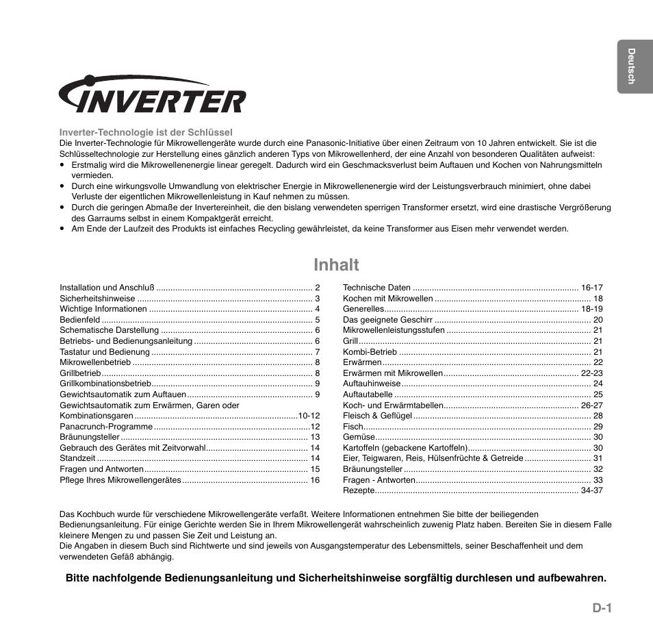 Inhalt | Panasonic NNGD559WSPG User Manual | Page 41 / 137