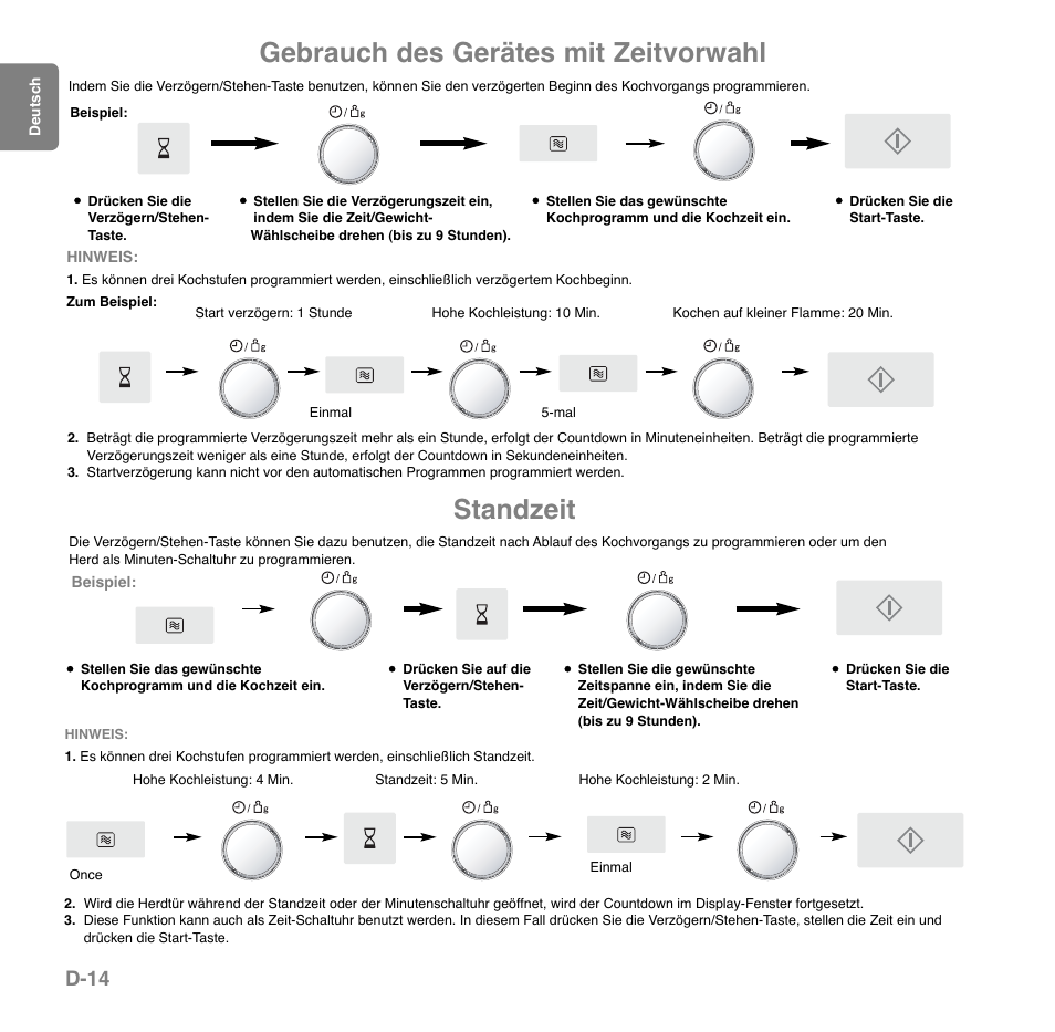 Gebrauch des gerätes mit zeitvorwahl, Standzeit, D-14 | Panasonic NNGD559WSPG User Manual | Page 54 / 137
