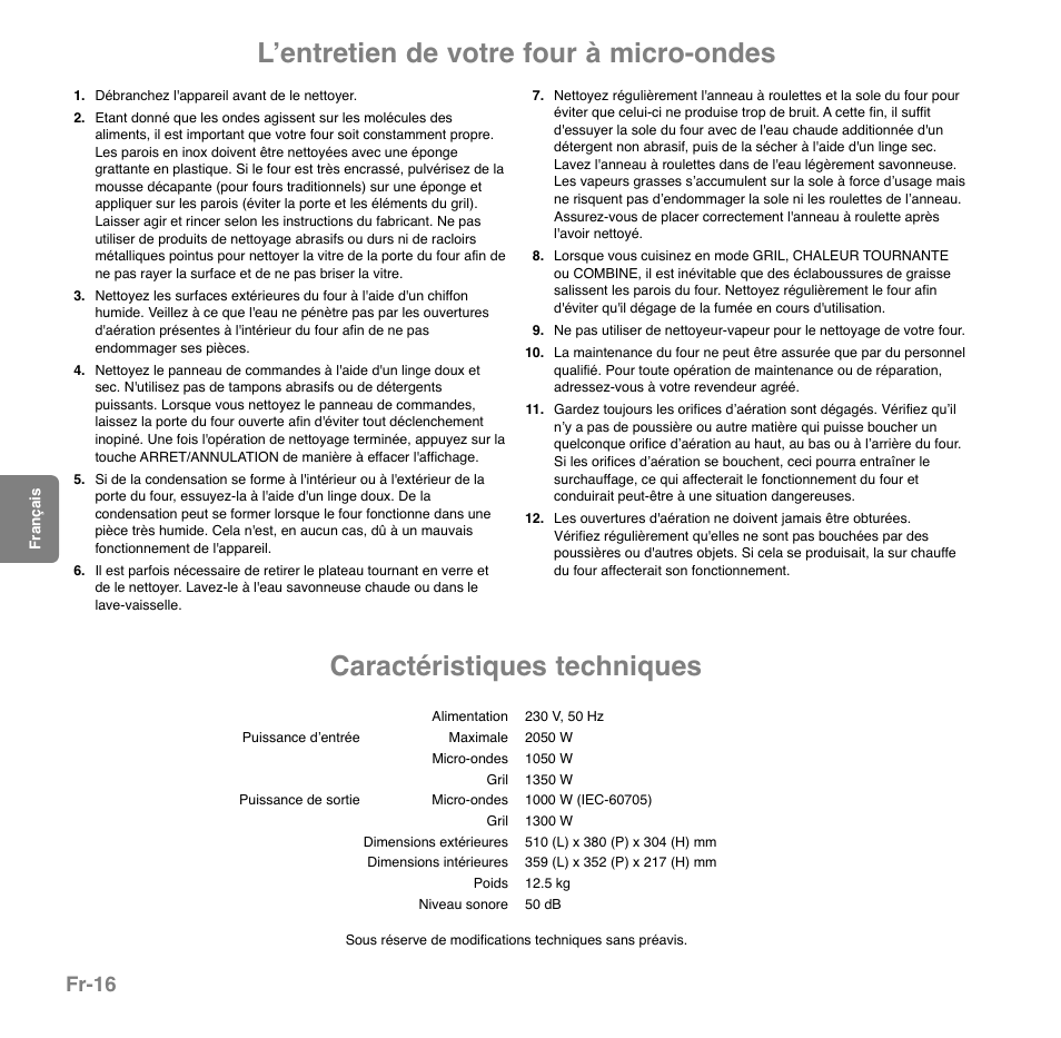 Caractéristiques techniques, Lʼentretien de votre four à micro-ondes, Fr-16 | Panasonic NNGD559WSPG User Manual | Page 95 / 137