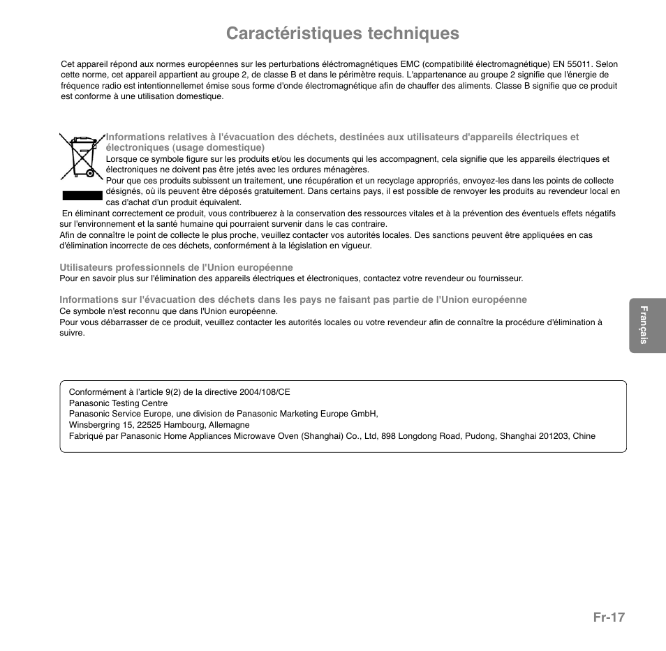 Caractéristiques techniques, Fr-17 | Panasonic NNGD559WSPG User Manual | Page 96 / 137