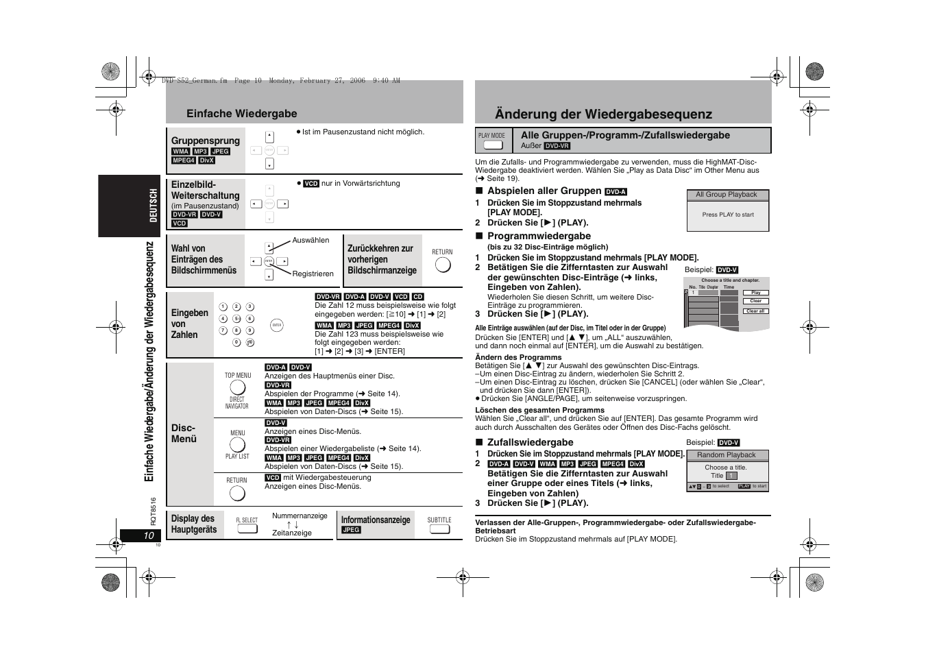 Änderung der wiedergabesequenz, Einfache wiedergabe | Panasonic DVDS52 User Manual | Page 10 / 80