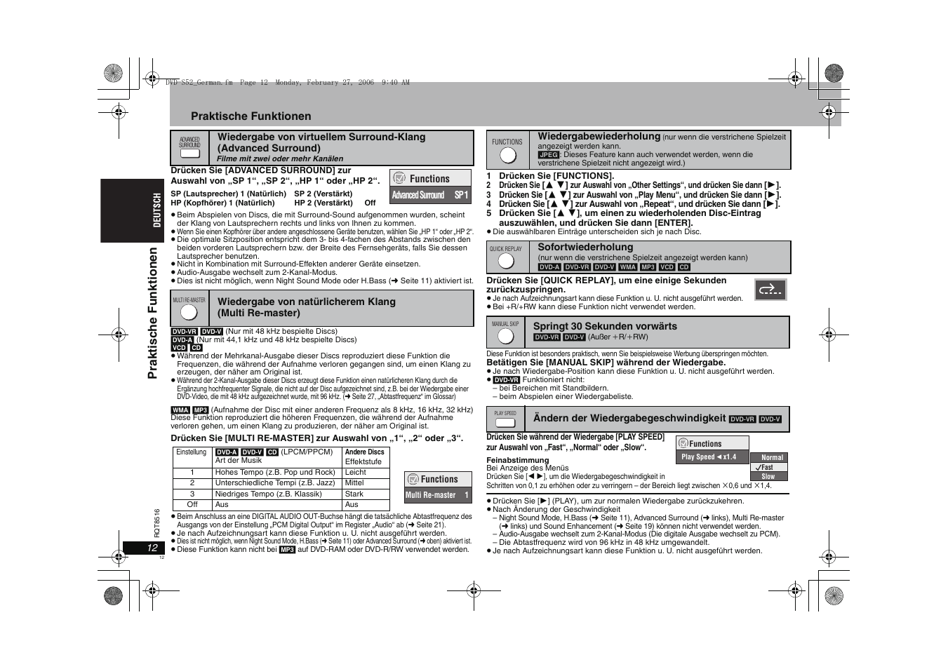 Pr akti s c he funkt ionen, Praktische funktionen | Panasonic DVDS52 User Manual | Page 12 / 80