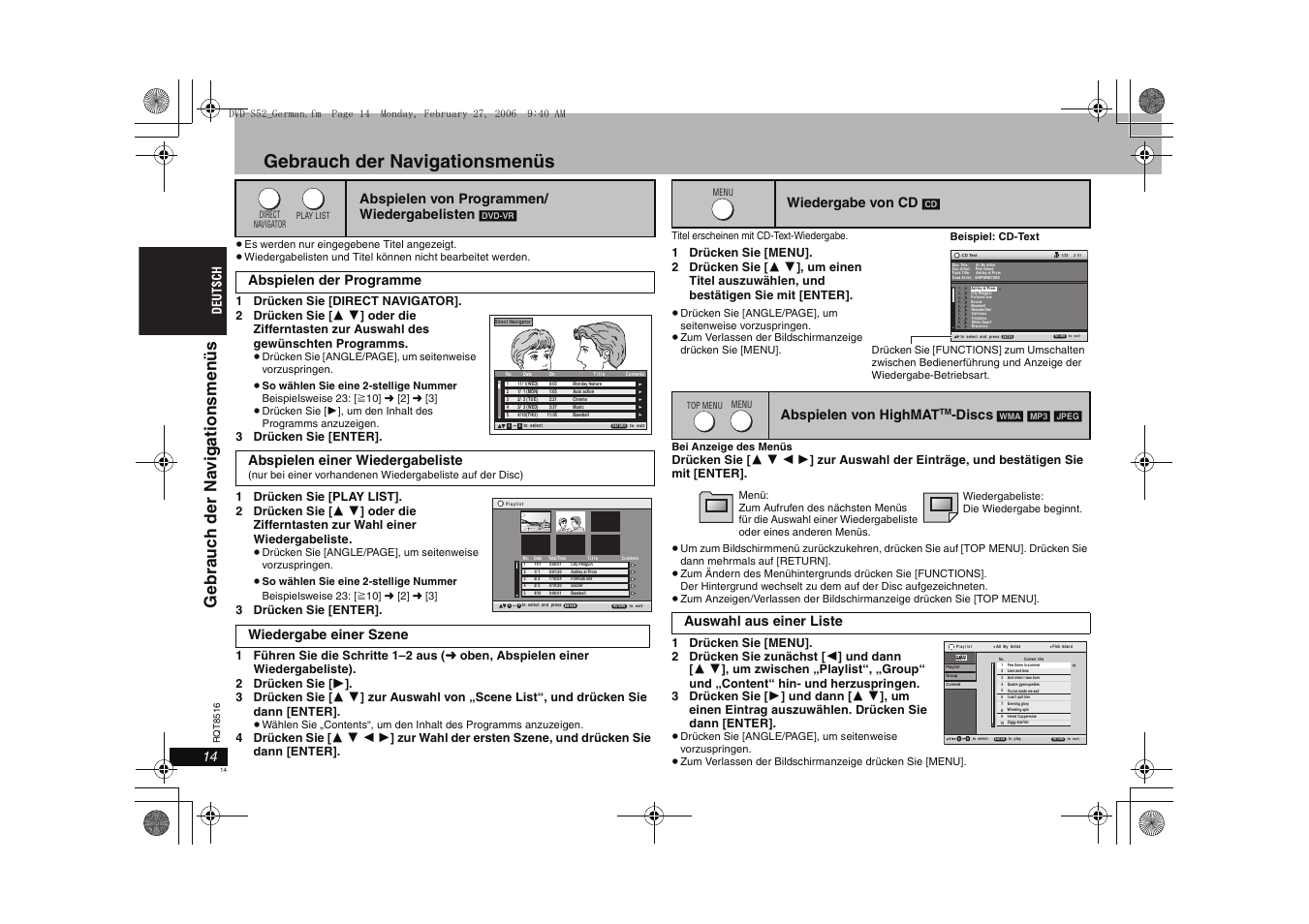 Gebrauch der navigationsmenüs, Abspielen von programmen/ wiedergabelisten, Wiedergabe einer szene | Wiedergabe von cd, Abspielen von highmat, Discs, Auswahl aus einer liste | Panasonic DVDS52 User Manual | Page 14 / 80