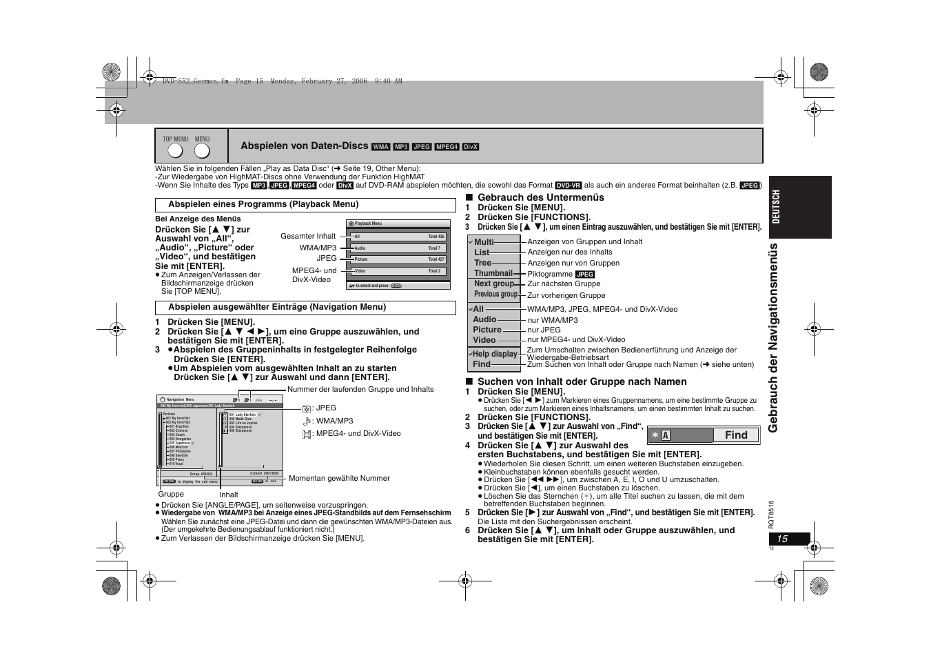Find | Panasonic DVDS52 User Manual | Page 15 / 80