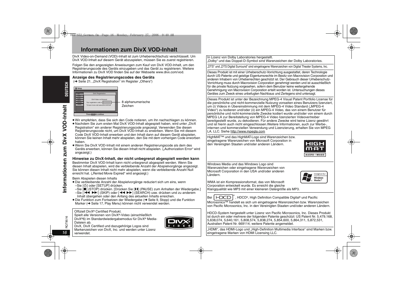 Informationen zum divx vod-inhalt | Panasonic DVDS52 User Manual | Page 16 / 80